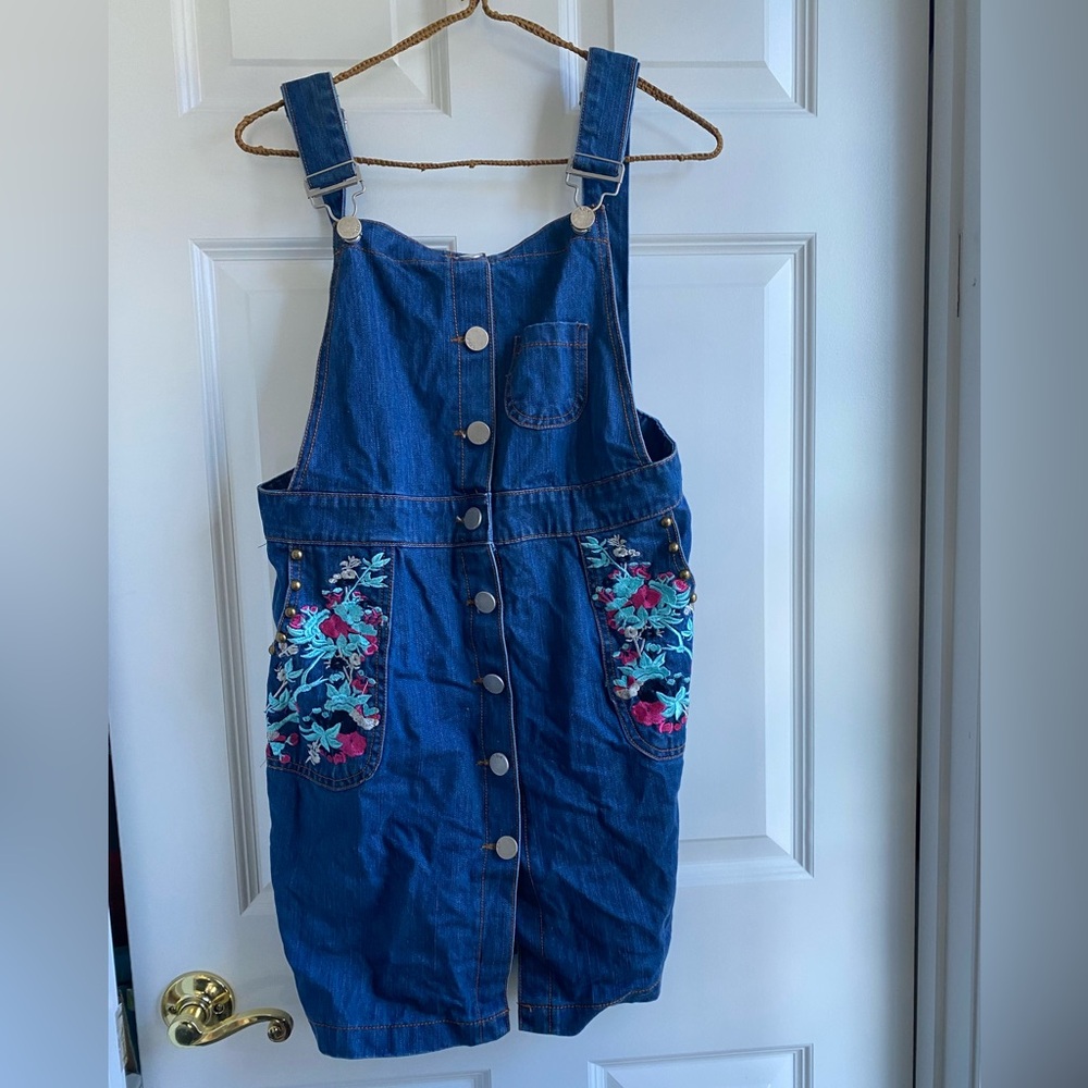 POL Denim Blue Embroidered Pinafore Dress